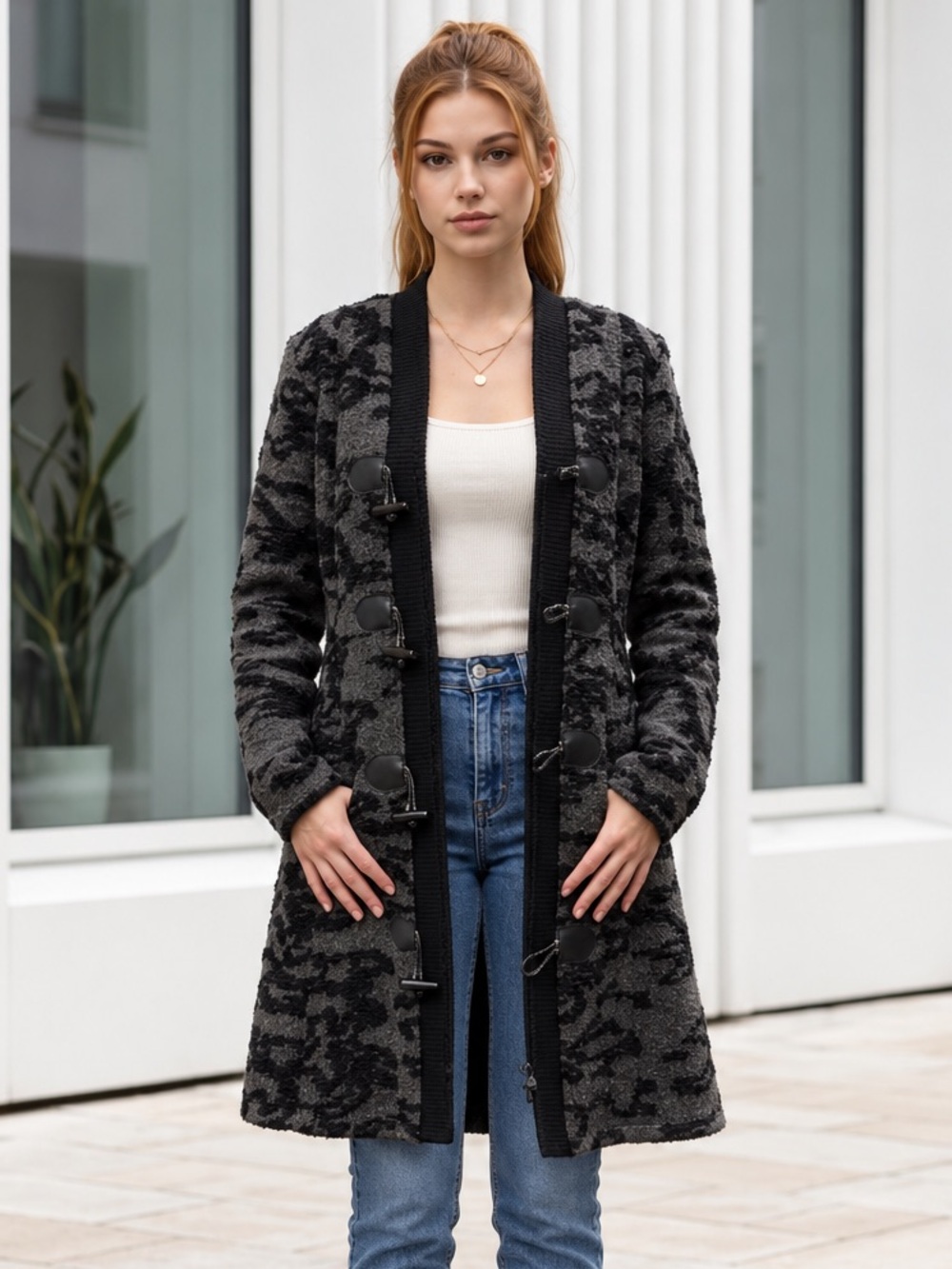 Plenty by Tracy Reese Wool Blend Textured Toggle & Zipper Coat Gray Black Size 8
